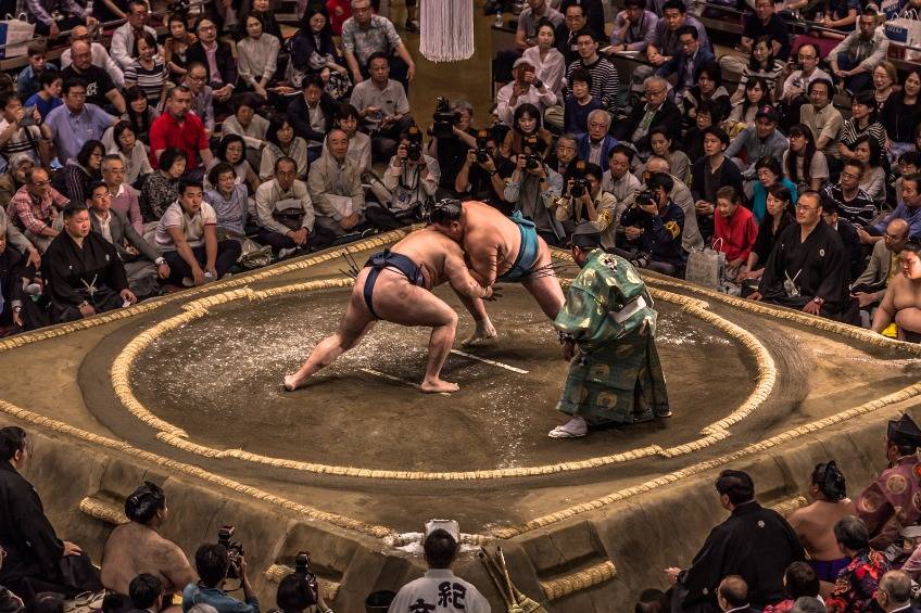 Tokyo - May 19, 2019: Sumo wrestling match in the Ryogoku arena, Tokyo, Japan Sumo Tokyo